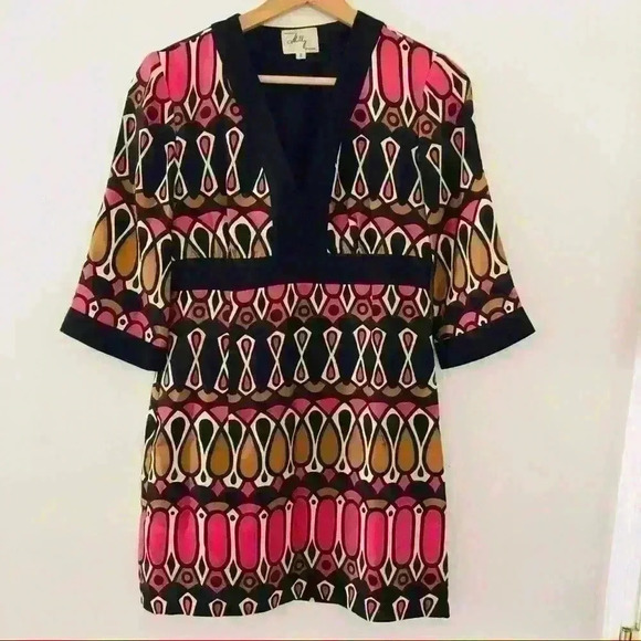 𝅺MILLY Black Pink 3/4 Sleeve Geometric Silk Dress - Picture 1 of 6